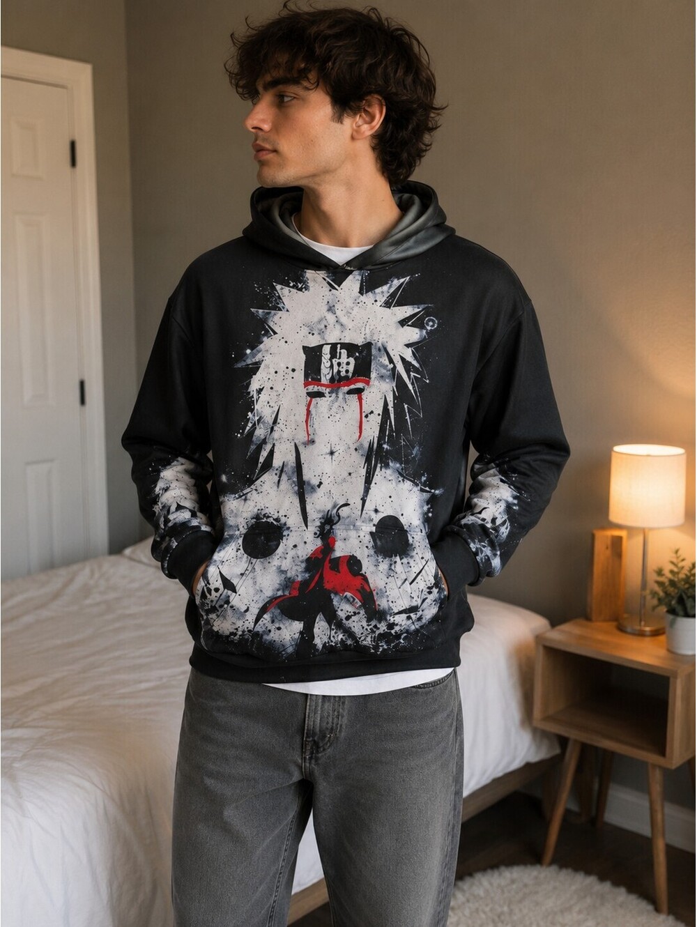 Men's Black Naruto Graphic Hoodie with Artistic Red and White Design, Size Small